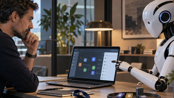 Un homme échange avec un robot devant un écran représentant des outils et des autorisations