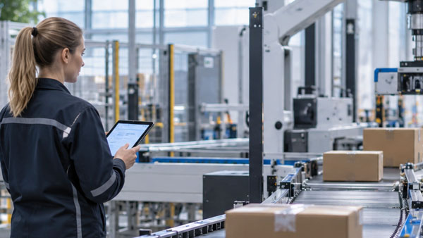 Une opératrice surveille une ligne logistique automatisée depuis une tablette