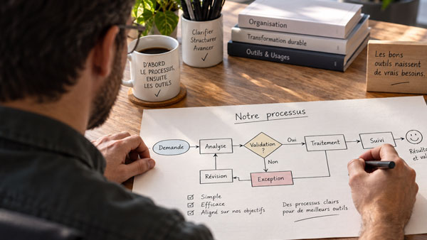 Un homme vu de dos dessine un workflow détaillé sur une grande feuille