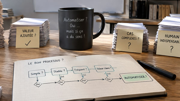 Un espace de travail où plusieurs tâches sont triées avant de décider lesquelles automatiser