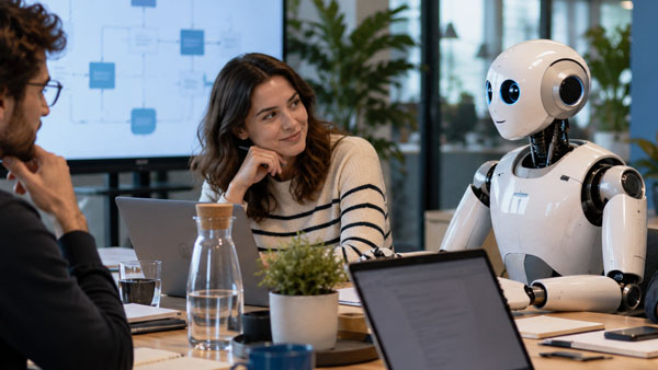 Une équipe réunie autour d’une table avec un robot humanoïde intégré à la discussion