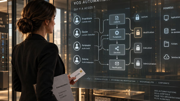 Une responsable examine un schéma d’accès, de responsabilités et de gouvernance des automatisations